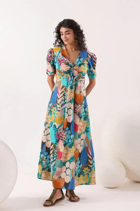 Tropical Mosaic Blue Cotton Dress