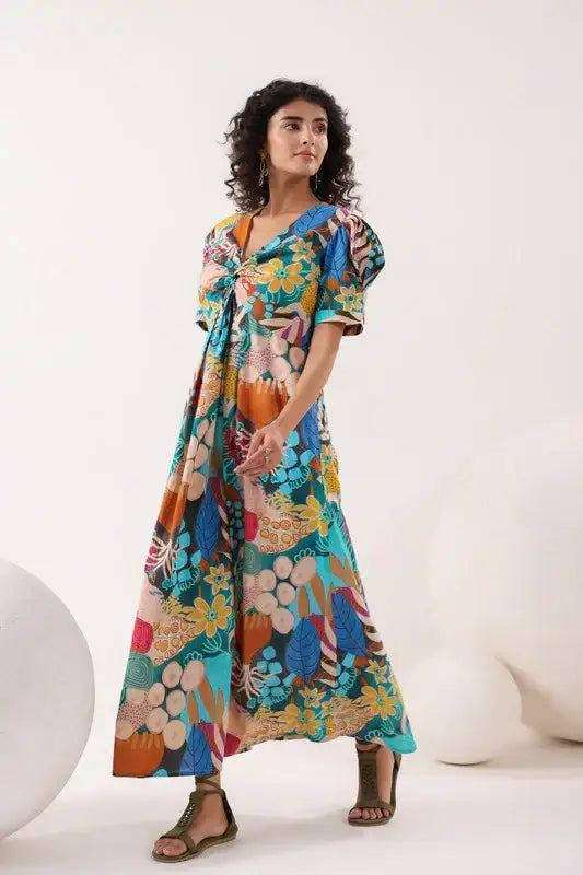 Tropical Mosaic Blue Cotton Dress