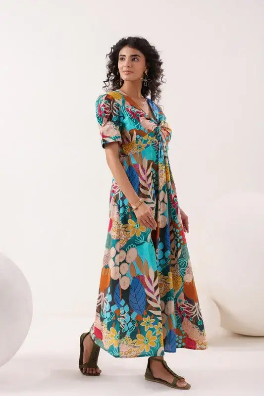 Tropical Mosaic Blue Cotton Dress