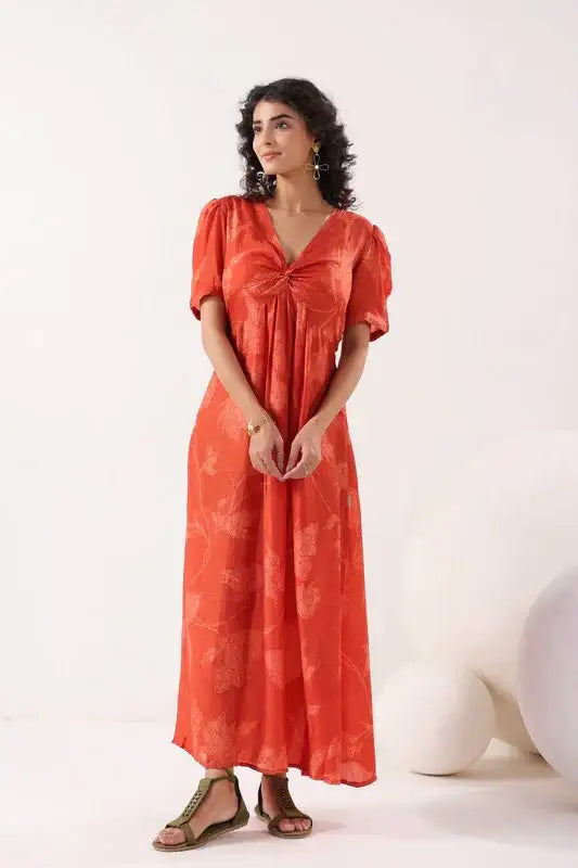 Saffron Breeze Ensemble Red Cotton Dress