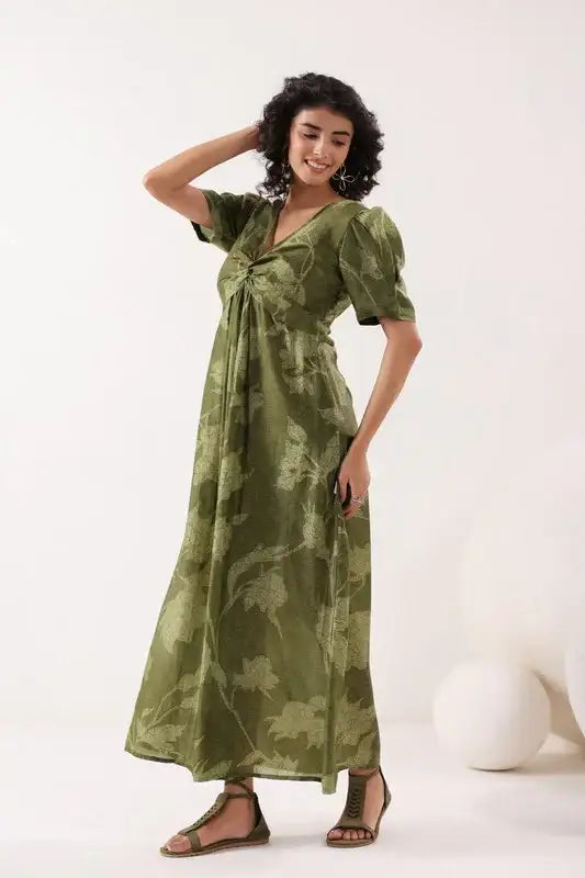Olive Green Floral Cotton Gathered Dress