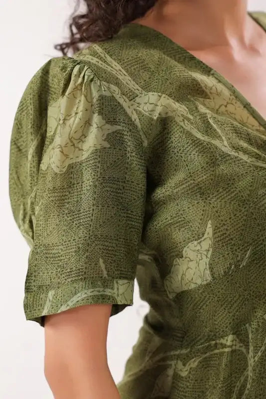 Olive Green Floral Cotton Gathered Dress