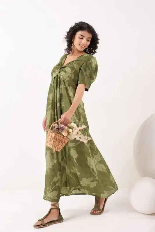 Olive Green Floral Cotton Gathered Dress