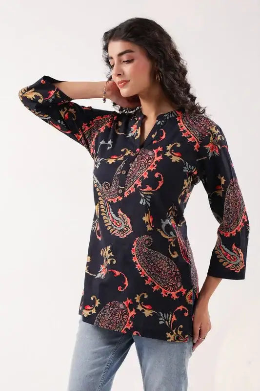 Dark Paisley Cotton Floral Black Top
