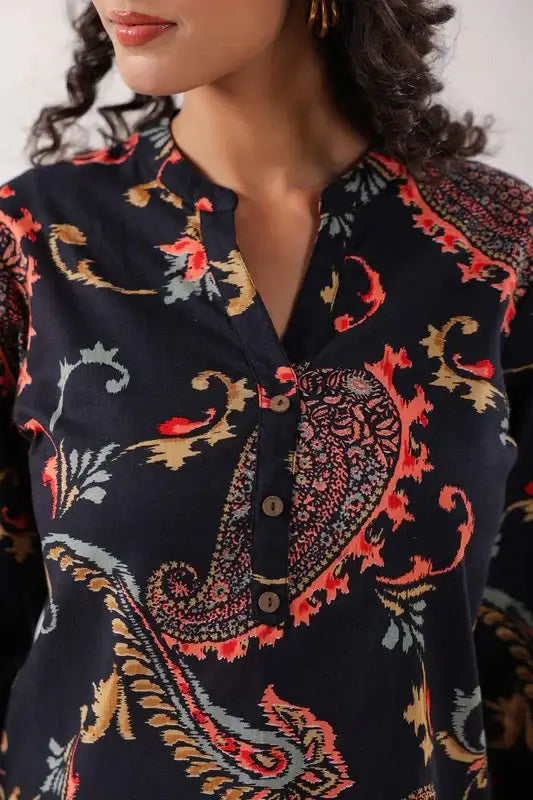 Dark Paisley Cotton Floral Black Top