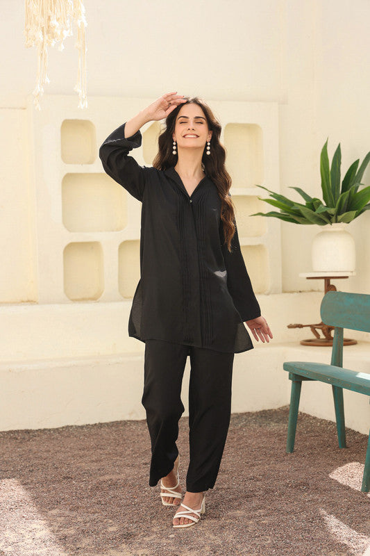 Pure Ease In Black Russian Silk Co-ord Set