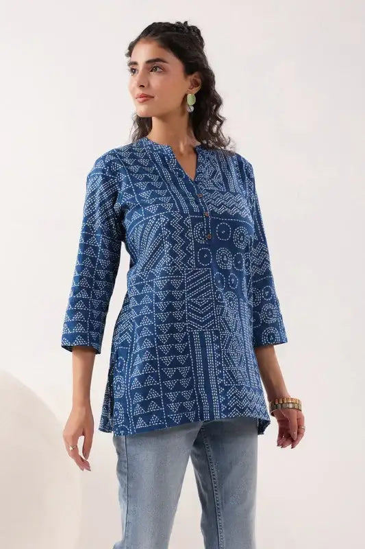 Tribal Echo Printed Blue Cotton Top