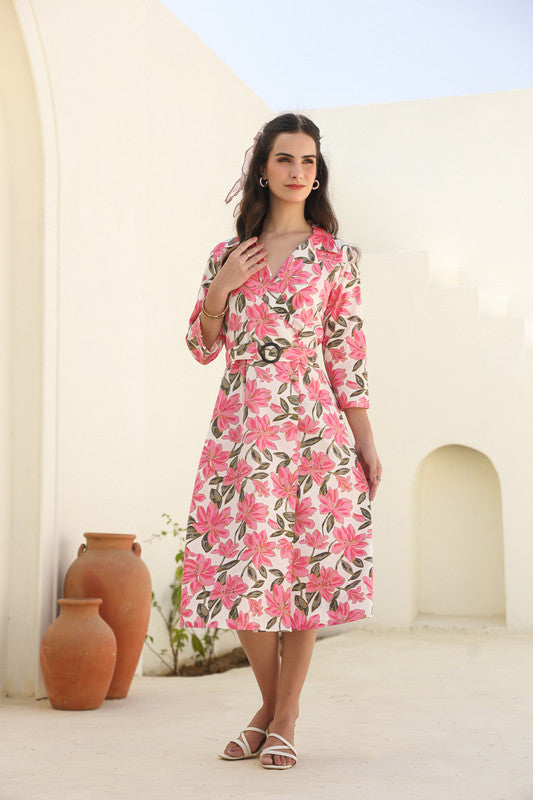 Petal Breeze Belted Cotton Flex Dress