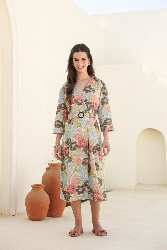 Floral Cascade Belted Cotton Flex Dress