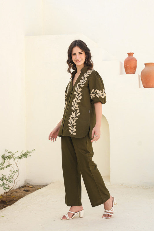 Nature’s Stitch Embroidered Olive Co-ord Set