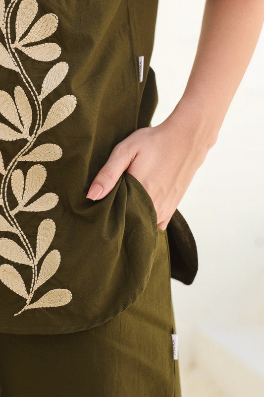 Nature’s Stitch Embroidered Olive Co-ord Set