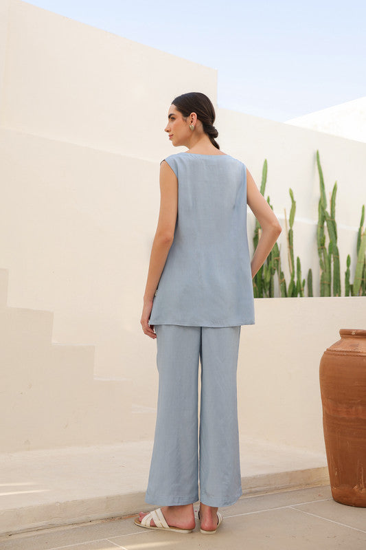 Powder Blue Abstract Russian Silk Co-ord Set