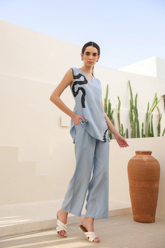 Powder Blue Abstract Russian Silk Co-ord Set