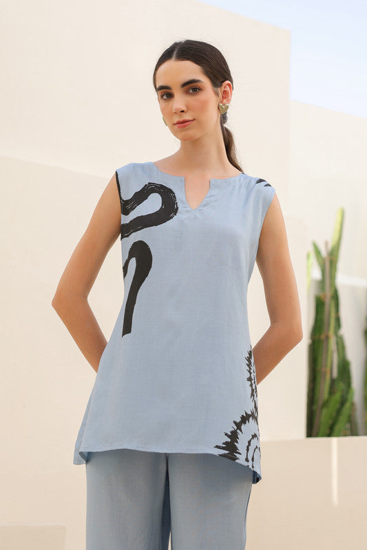 Powder Blue Abstract Russian Silk Co-ord Set