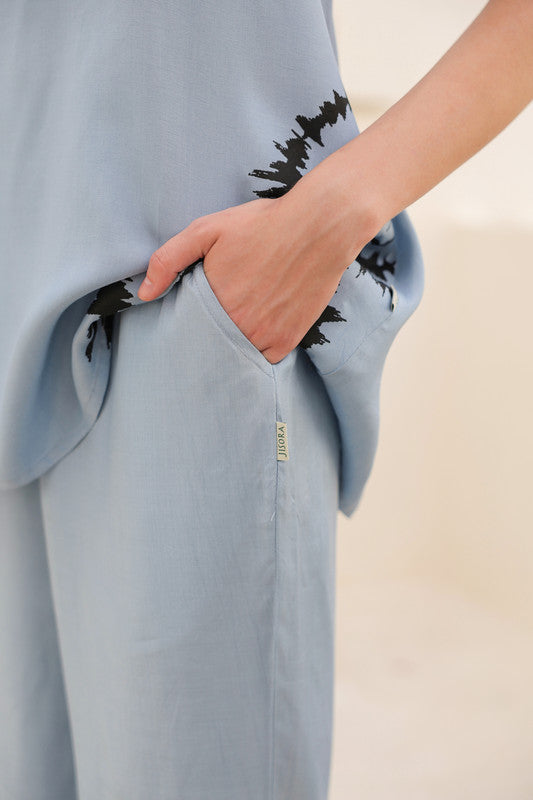 Powder Blue Abstract Russian Silk Co-ord Set