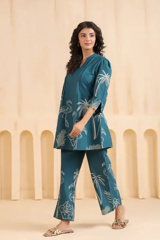 Silk Flamingo Lounge Wear Teal Flamingo Cotton Co-ord Set