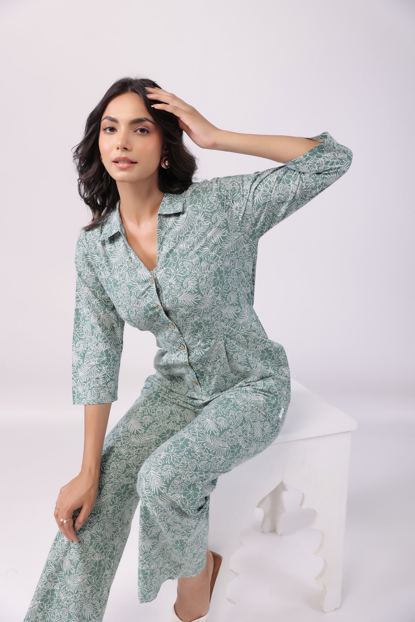 Leafy Fantasy Green Cotton Jumpsuit