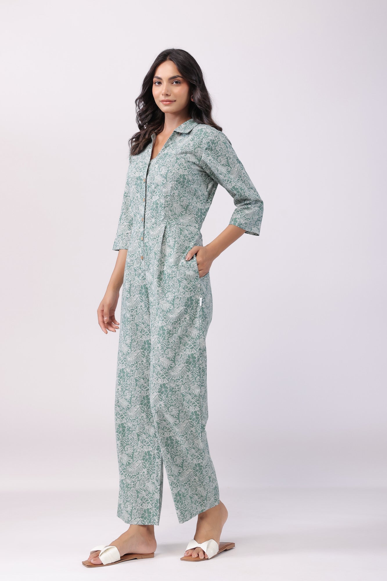 Leafy Fantasy Green Cotton Jumpsuit