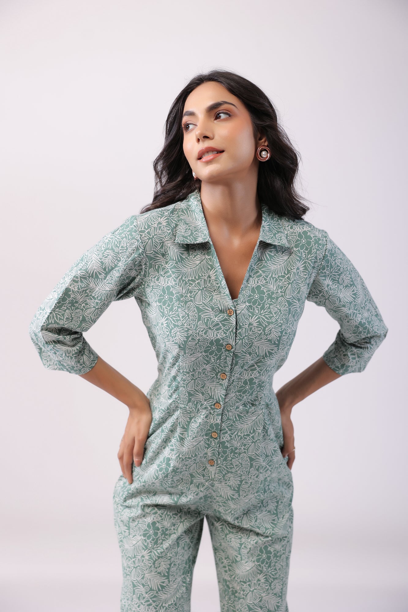 Leafy Fantasy Green Cotton Jumpsuit