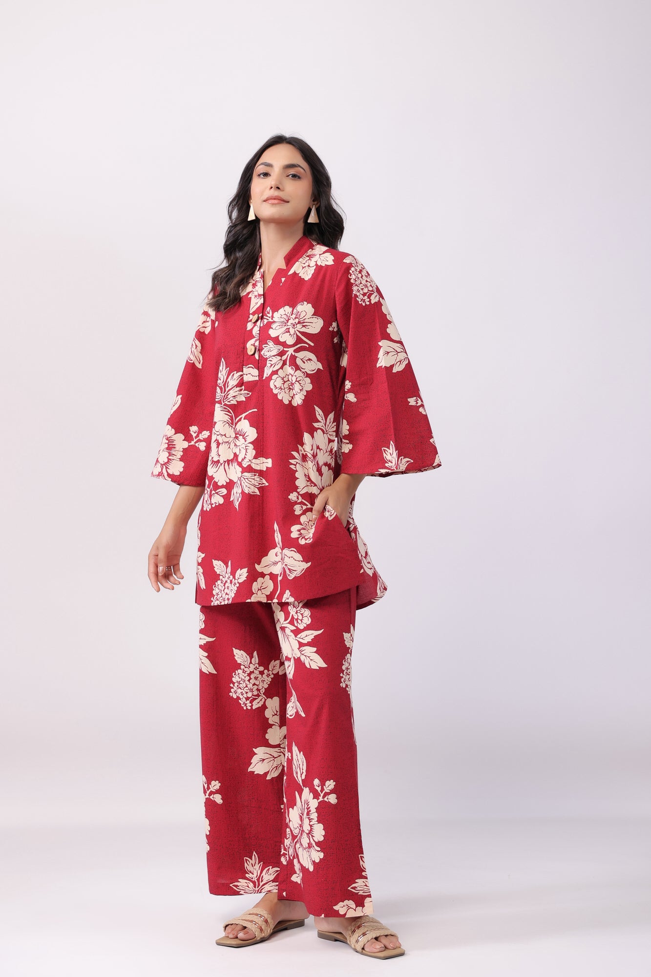 Bright Blossoming Maroon Cotton Palazzo Loungewear Set