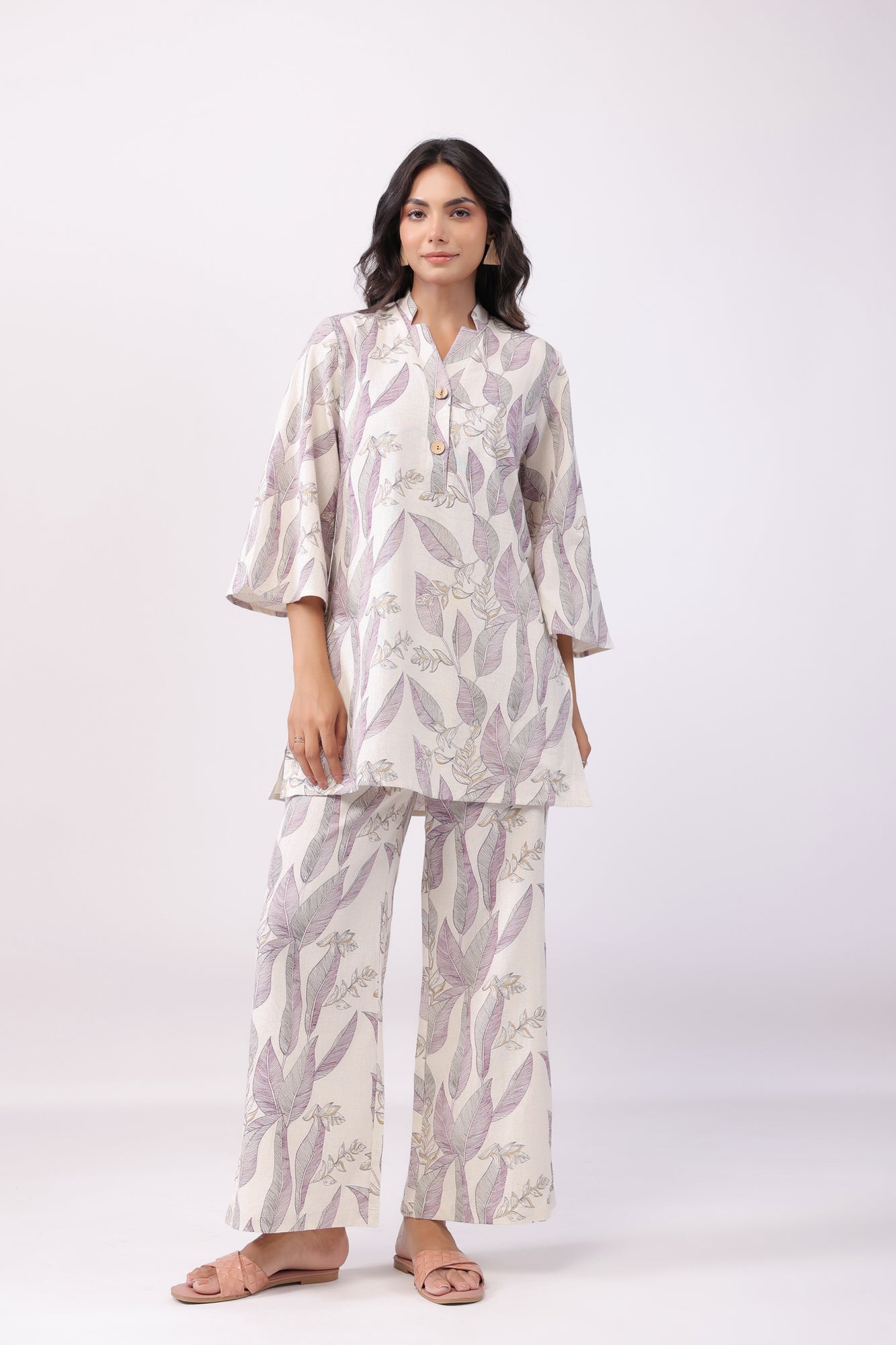 Leaflet Off-White Cotton Palazzo Loungewear Set