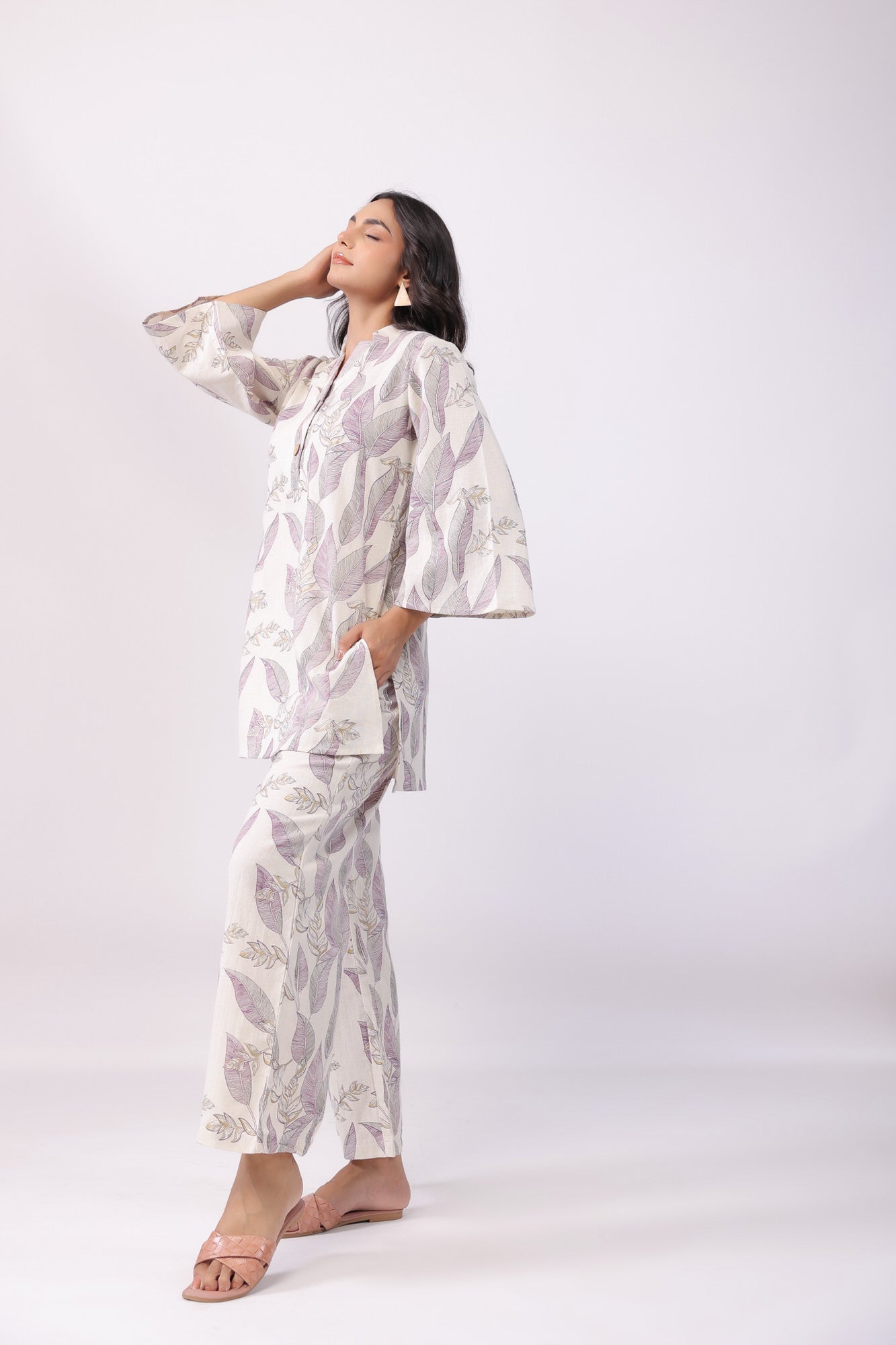 Leaflet Off-White Cotton Palazzo Loungewear Set