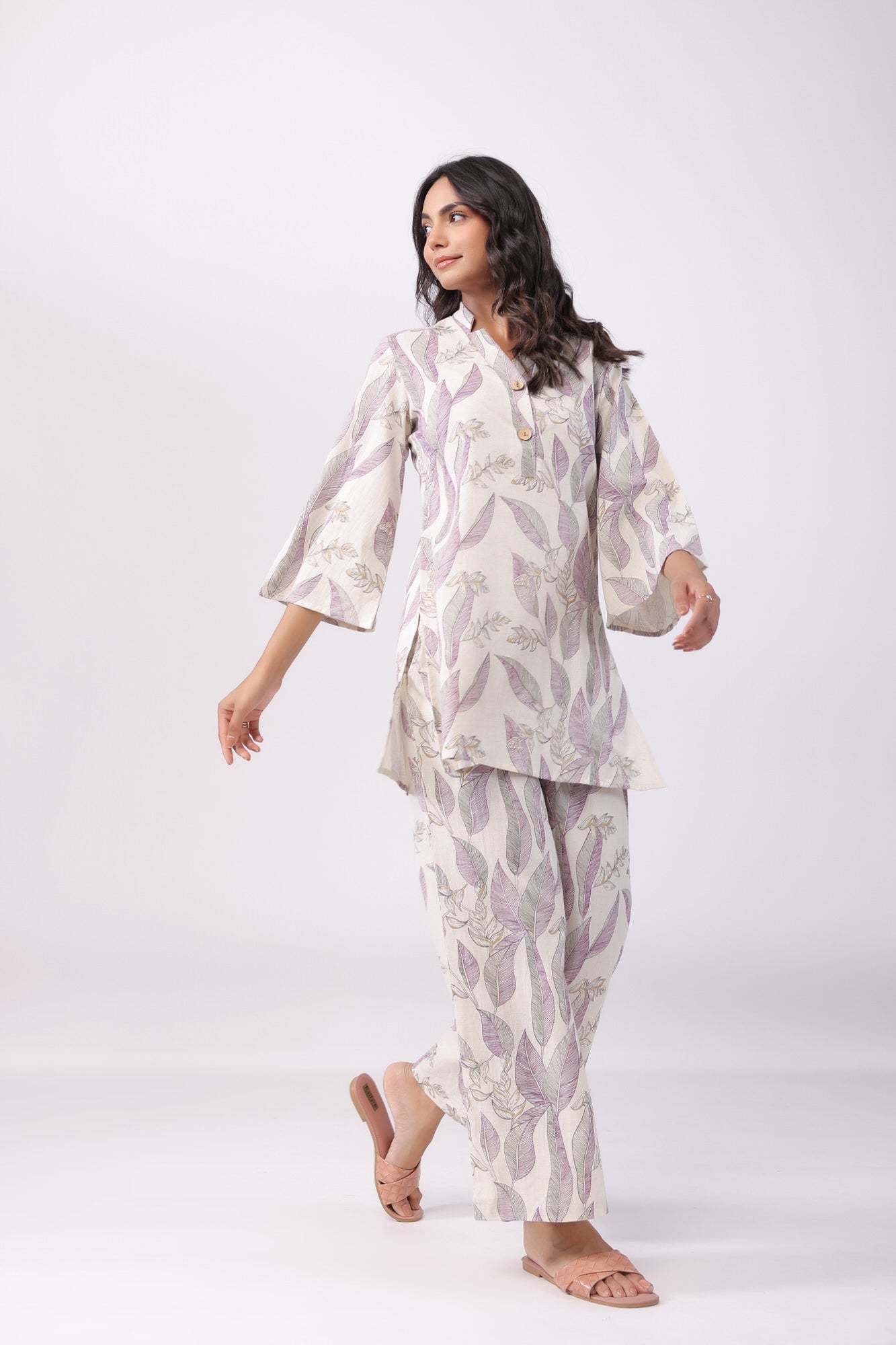 Leaflet Off-White Cotton Palazzo Loungewear Set