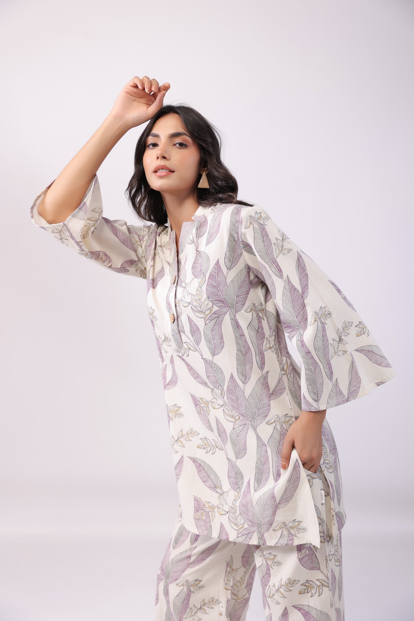 Leaflet Off-White Cotton Palazzo Loungewear Set