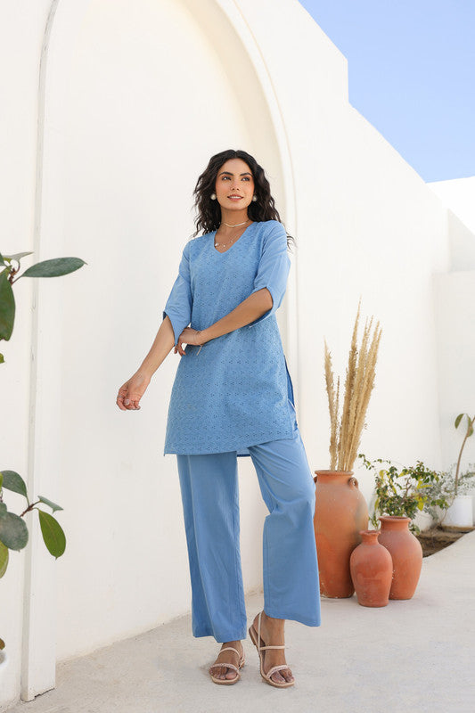 Powder Blue Bliss Schiffli Co-ord Set