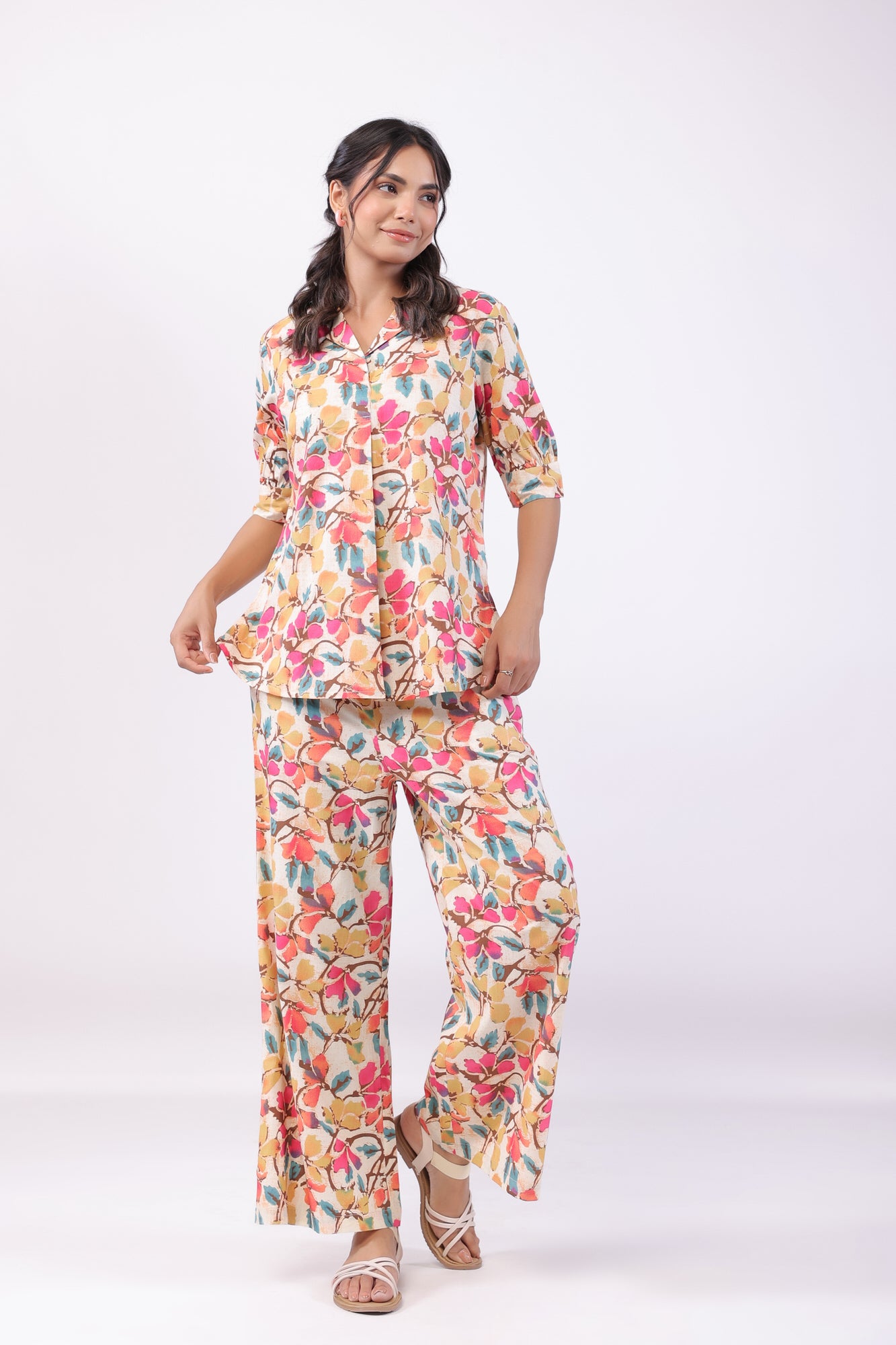 Lively Flowery Multicoloured Cotton Co-ord Set