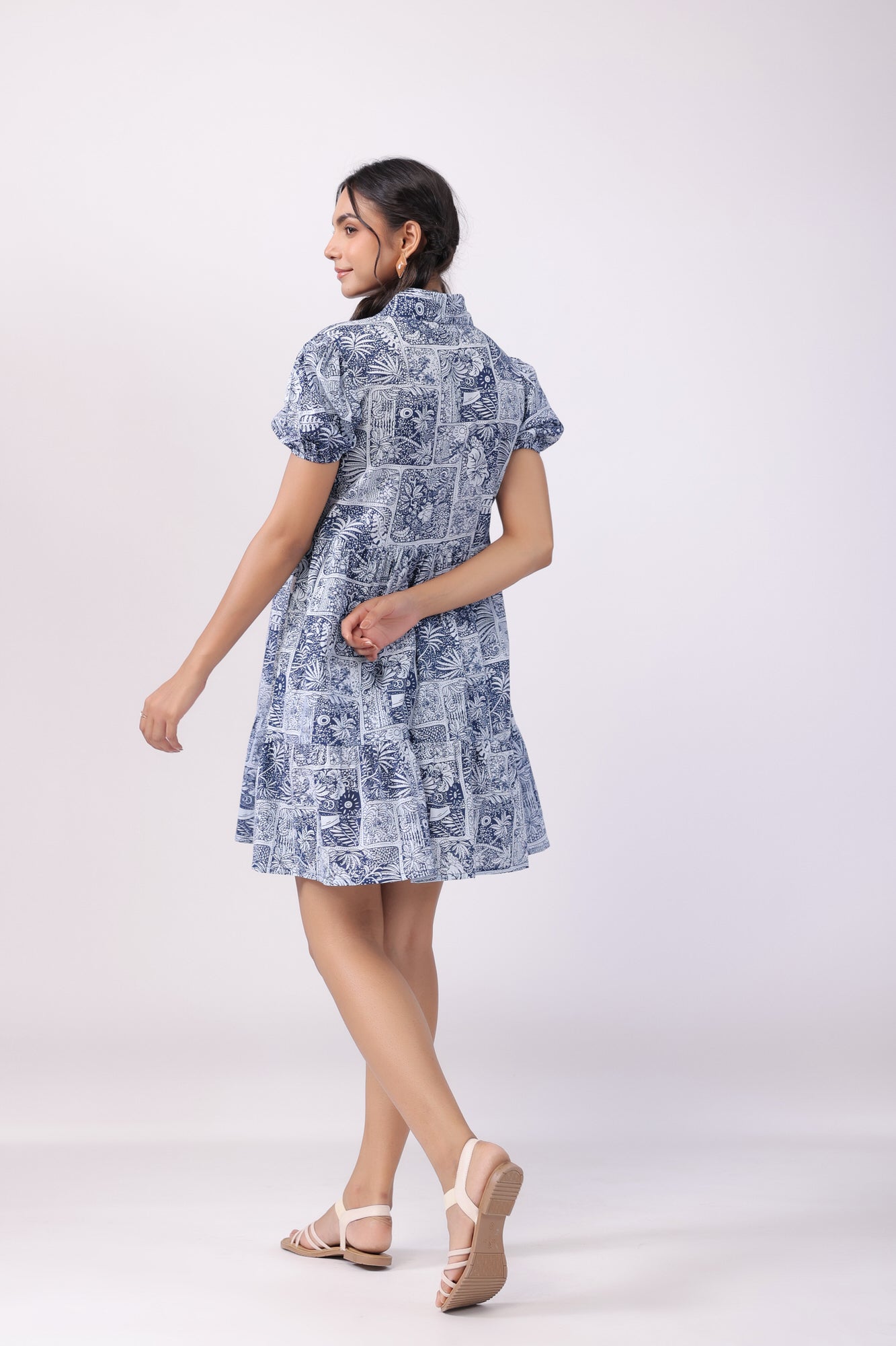 Leafy Shore Blue Cotton Dress