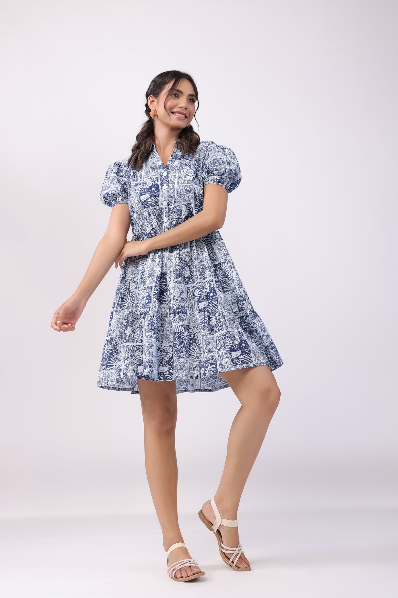 Leafy Shore Blue Cotton Dress