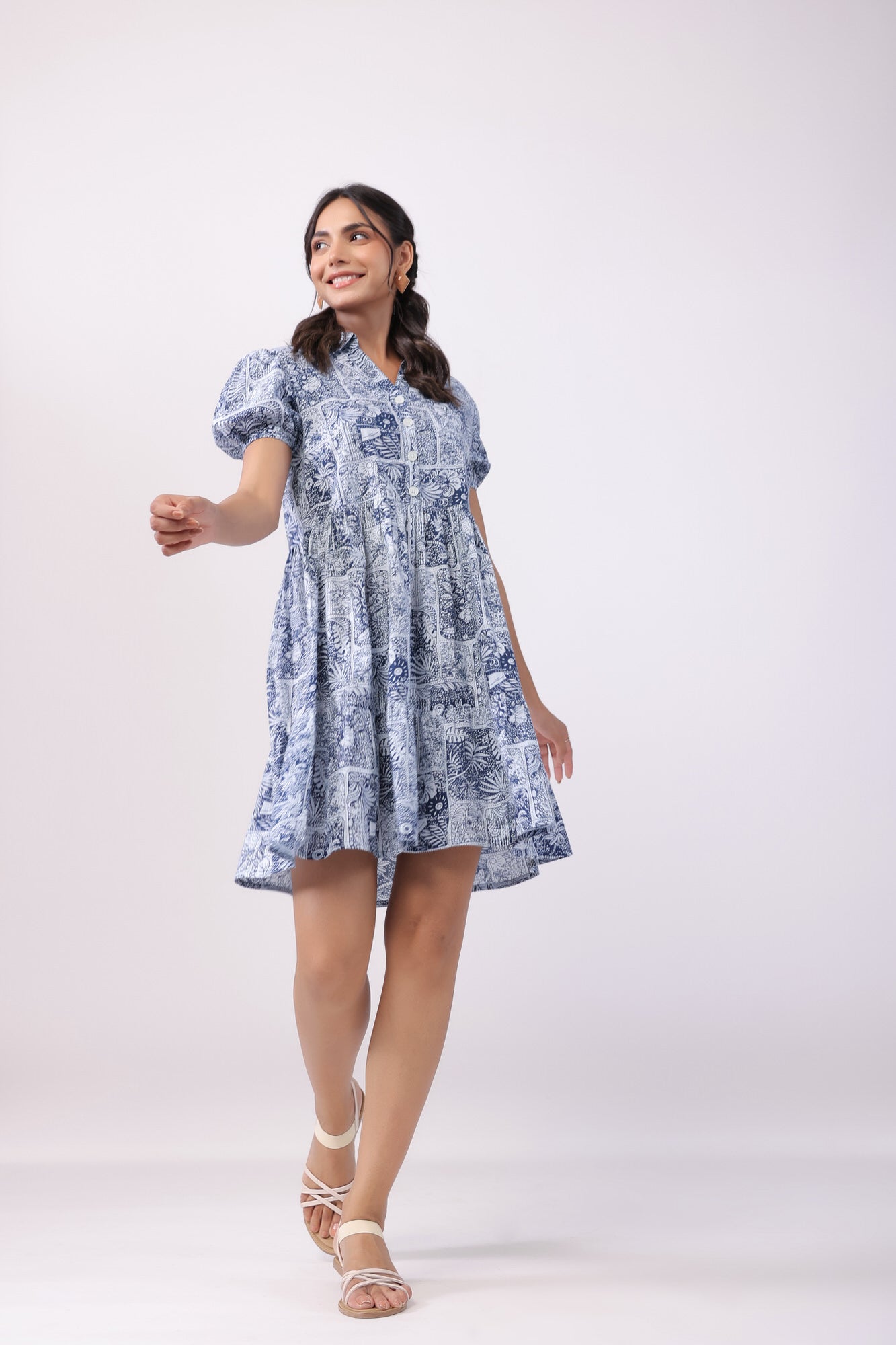 Leafy Shore Blue Cotton Dress