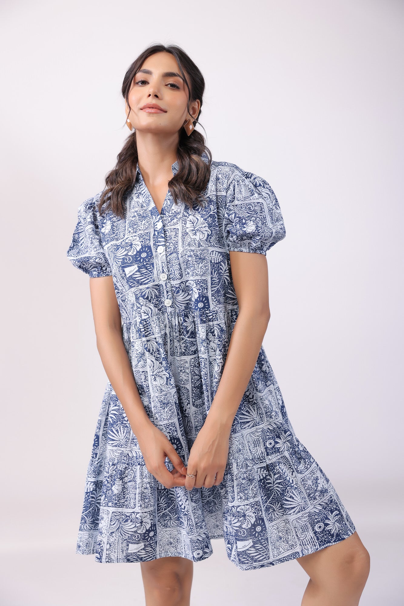 Leafy Shore Blue Cotton Dress