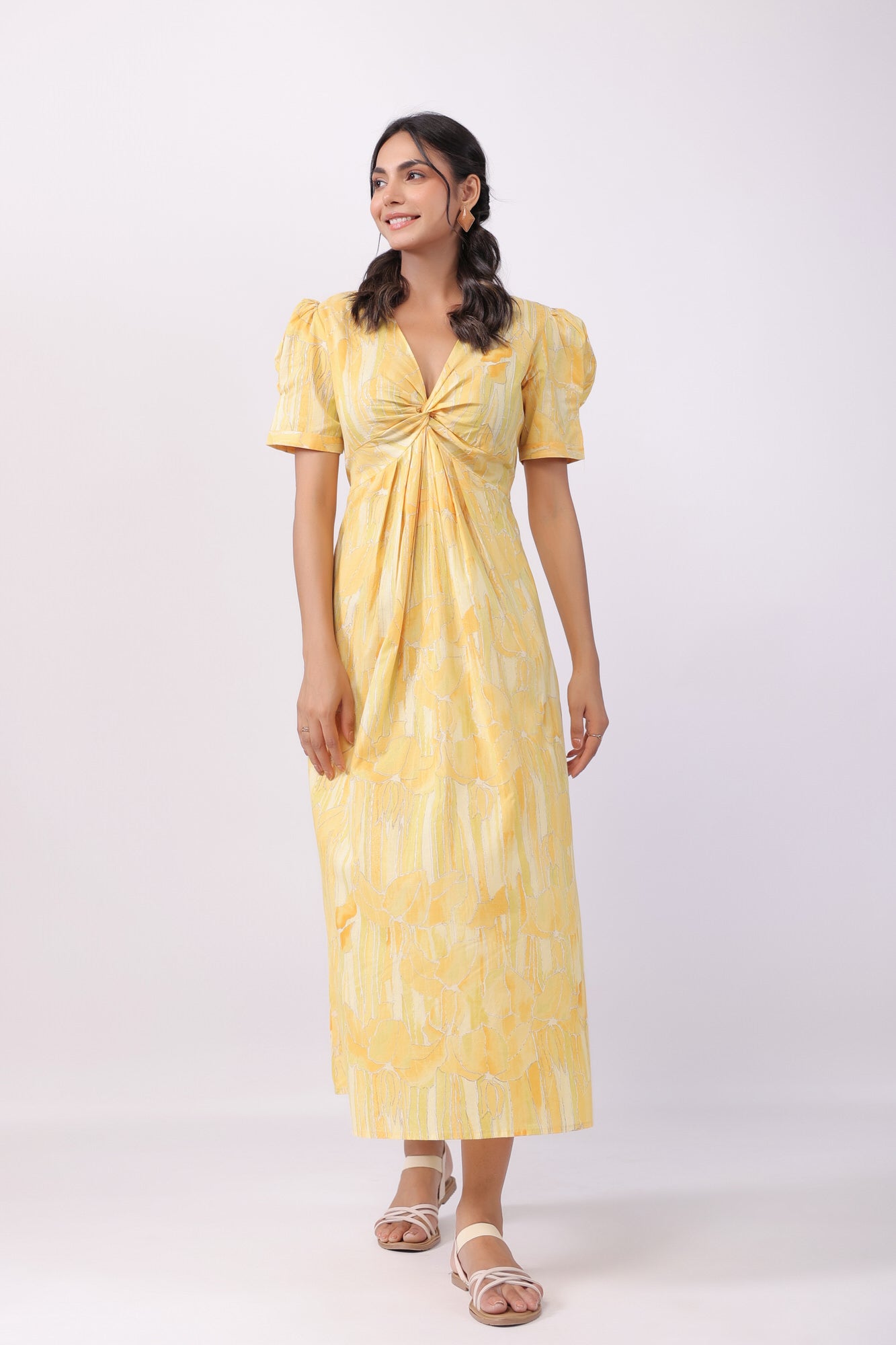 Sunrise Splash Yellow Cotton Midi Dress