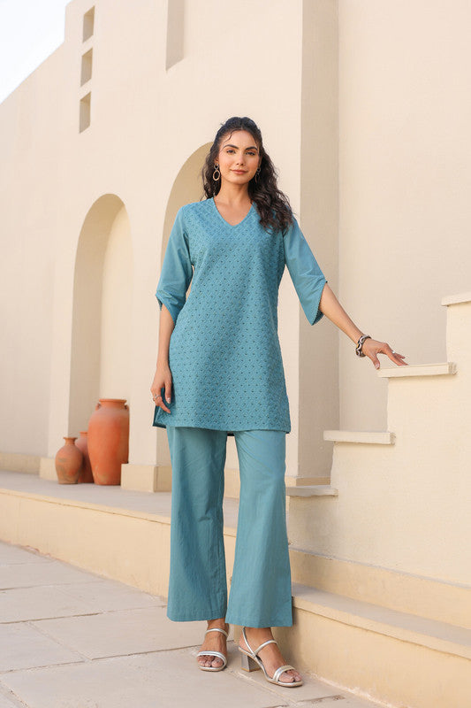 Teal Bliss Schiffli Co-ord Set