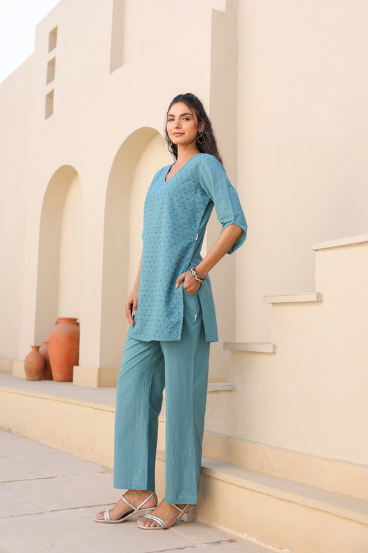 Teal Bliss Schiffli Co-ord Set