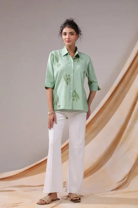 Sage Leafy Serenity Cotton Flex Shirt