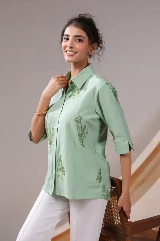 Sage Leafy Serenity Cotton Flex Shirt