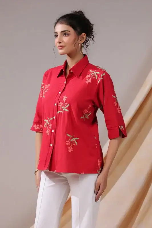 Crimson Petal Embroidered Cotton Flex Shirt