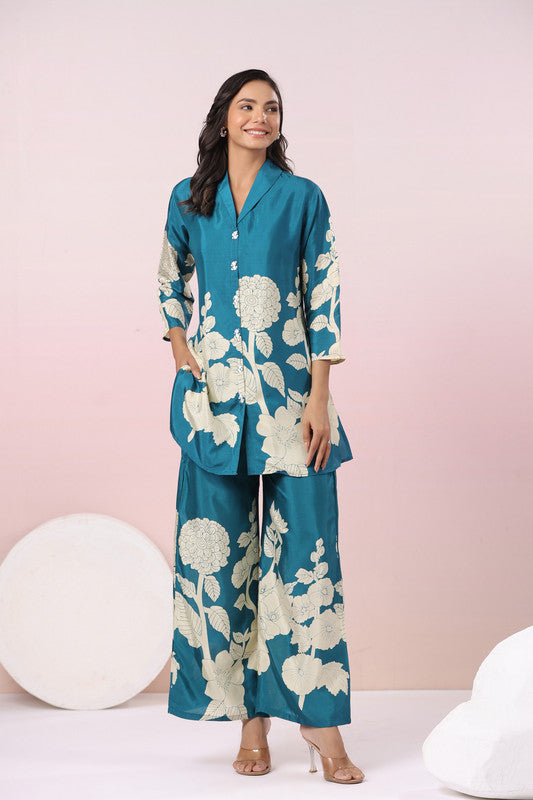 Teal Garden Whisper Russian Silk Co-ord Set