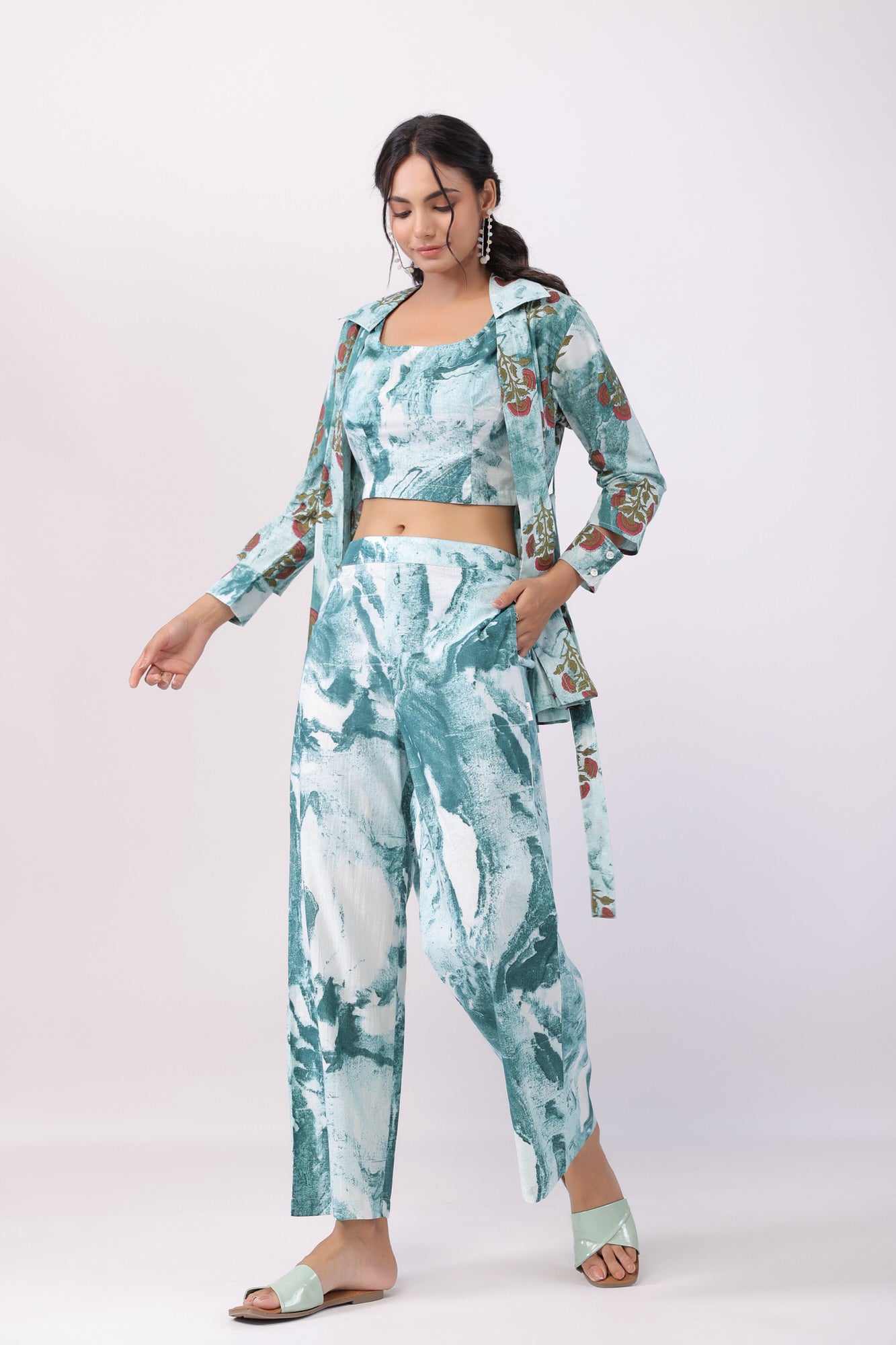 Sea Waves Green Three Piece Cotton Co-ord Set