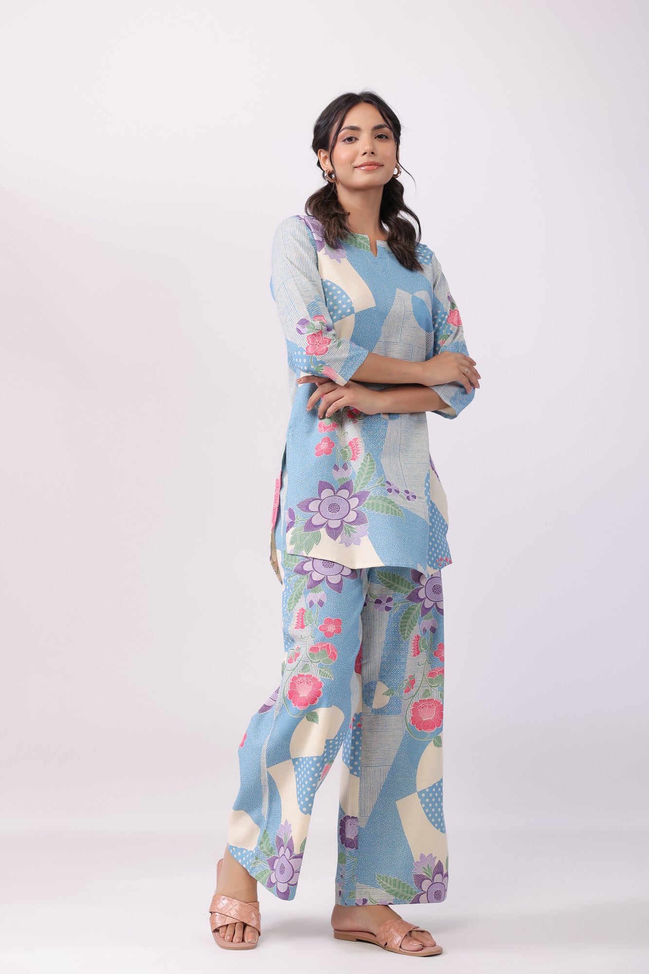 Distant Blooms Blue Cotton Palazzo Loungewear Set