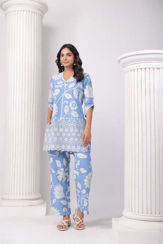 Powder Petals Blue Schiffli Co-ord Set