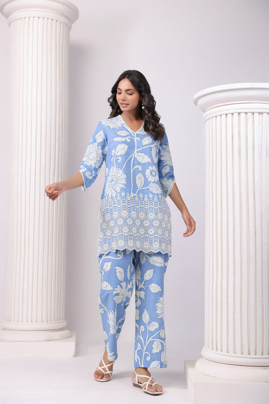 Powder Petals Blue Schiffli Co-ord Set