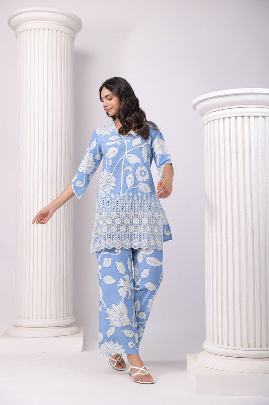 Powder Petals Blue Schiffli Co-ord Set