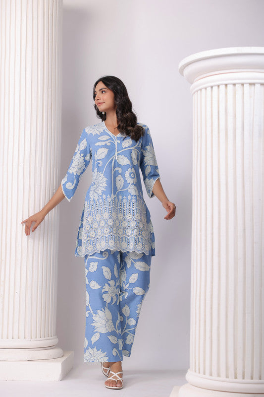 Powder Petals Blue Schiffli Co-ord Set