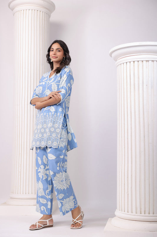 Powder Petals Blue Schiffli Co-ord Set