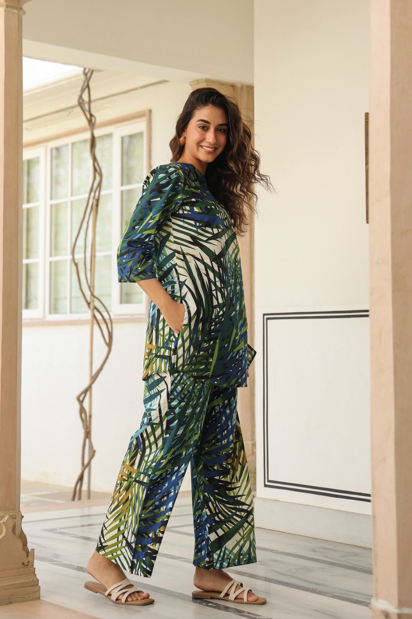 Forest Fern Green Cotton Palazzo Loungewear Set