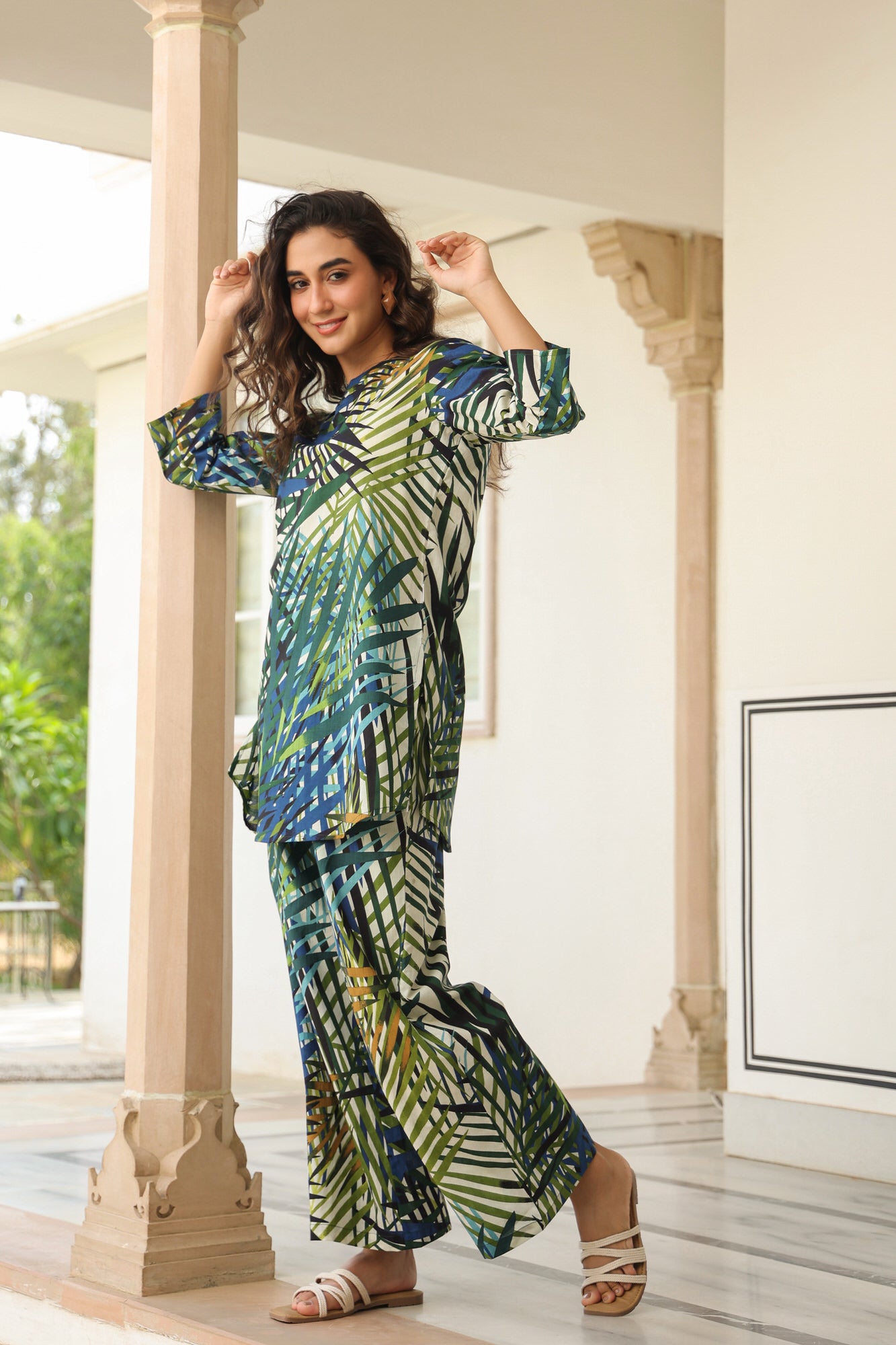 Forest Fern Green Cotton Palazzo Loungewear Set